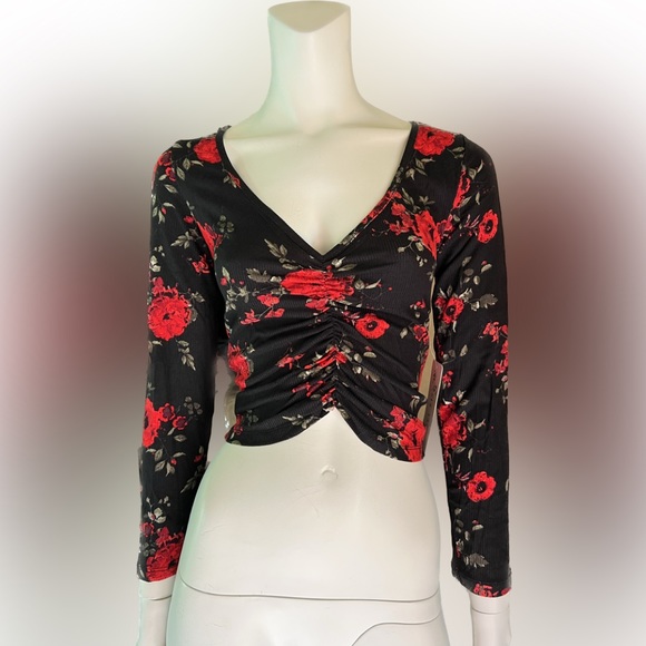 SIGNIFICANT OTHER Womens Orange Stretch Smocked Ruffled Floral Flutter Sleeve Square Neck Crop Top